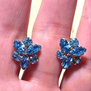 Sterling Silver Vintage Star Art Blue Rhinestone Screw Back Earrings